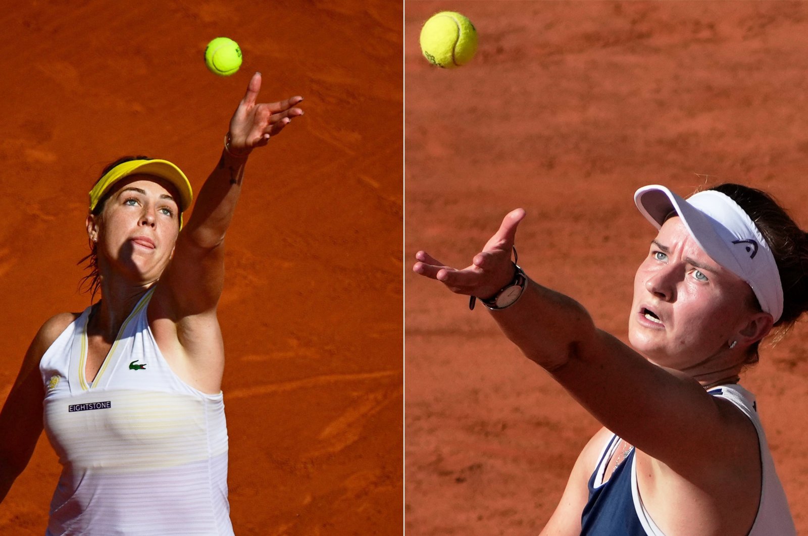 This combination of pictures shows Russia's Anastasia Pavlyuchenkova (L) and Czech Republic's Barbora Krejcikova during their women's singles French Open semifinal matches, Paris, France, June 10, 2021. (AFP Photo)