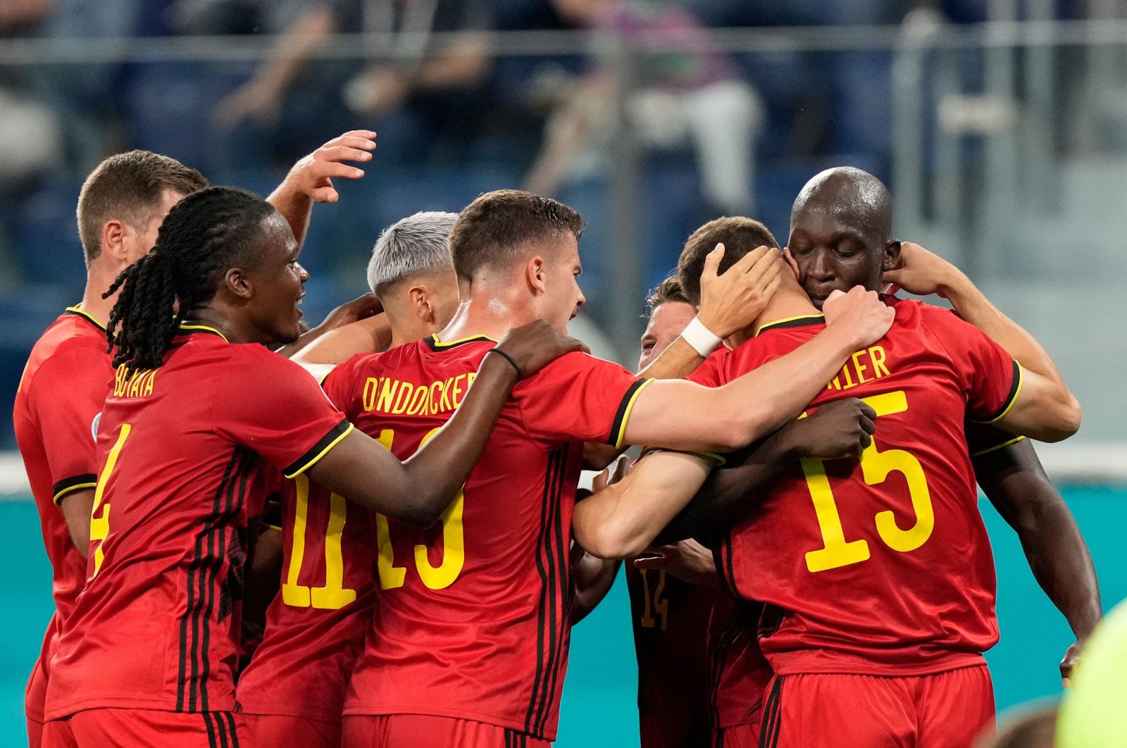 Belgium players celebrate a goal during a Euro 2020 match against Russia at the Saint Petersburg Stadium, in Saint Petersburg, Russia, June 12, 2021. (AFP Photo)