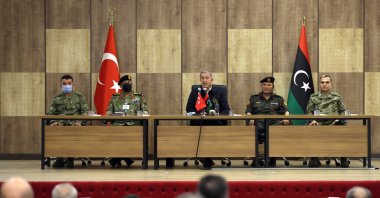 Defense Minister Hulusi Akar addresses Turkish military personnel in Tripoli, Libya, June 13, 2021. (AA Photo)