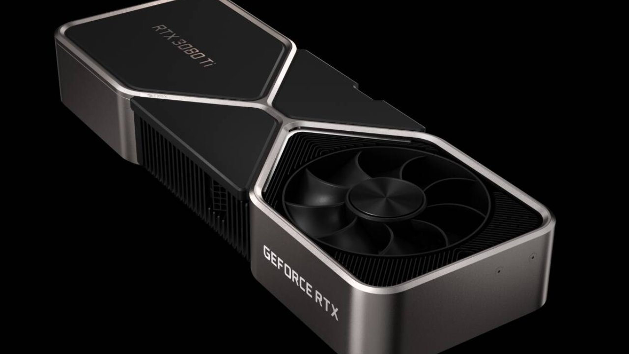 Nvidia's 3080Ti Founders Edition graphics card set on a black background (Credit: Nvidia)