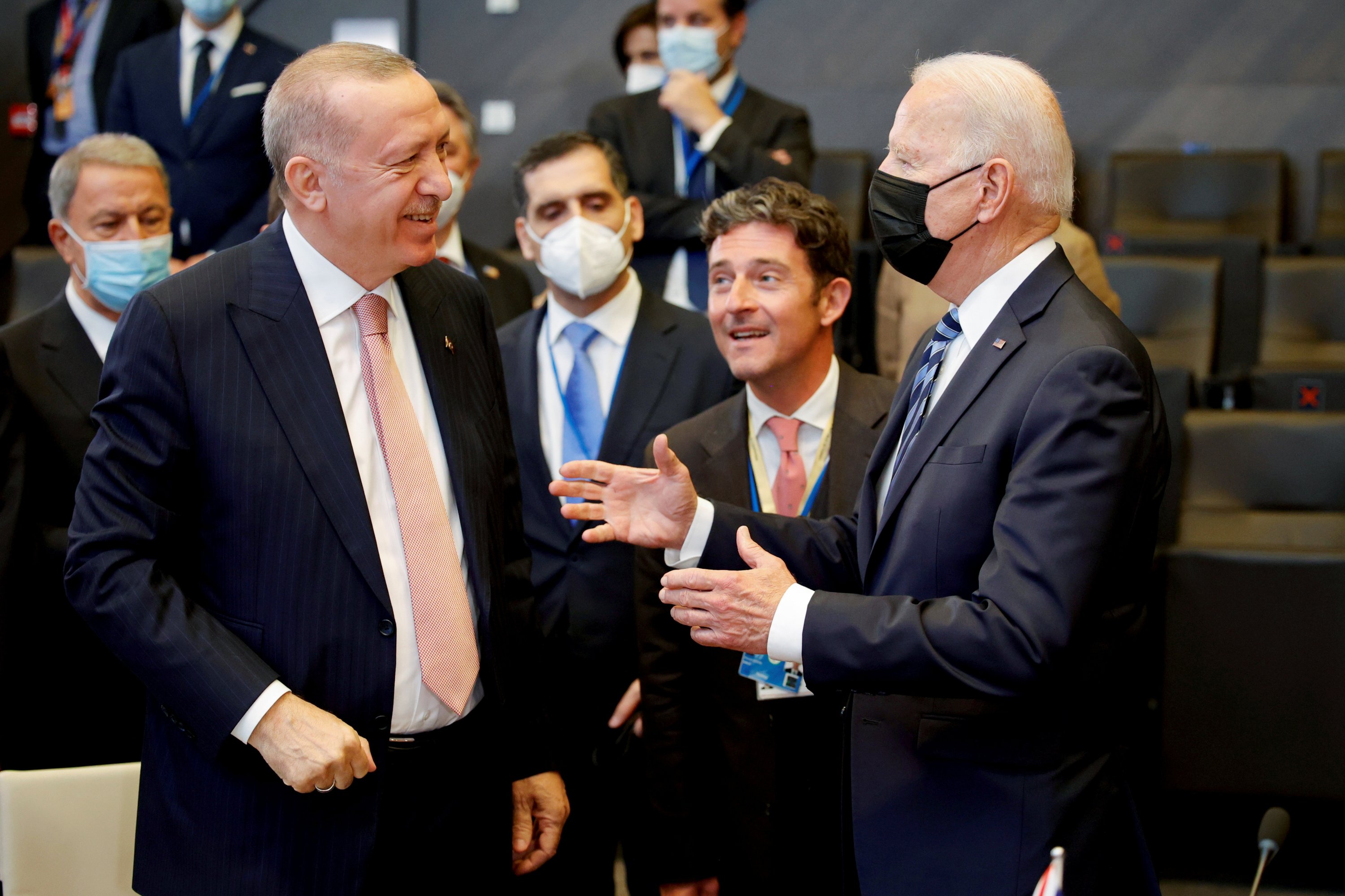 President Tayyip Erdoğan speaks with U.S. President Joe Biden during a plenary session at a NATO summit in Brussels, Belgium, June 14, 2021. (Reuters Photo)