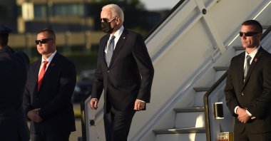 U.S. President Joe Biden arrives at Melsbroek Military Airport ahead of a NATO summit in Brussels, Belgium, June 13, 2021. (AP Photo)