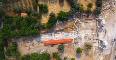 An aerial view shows the recently restored northern entrance to the ancient city of Stratonikeia in Muğla, Turkey, June 13, 2021. (AA Photo)