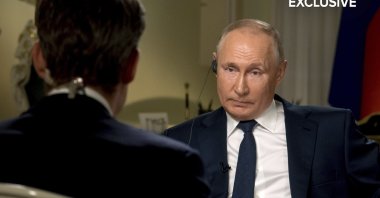 Keir Simmons (L) speaks with Russian President Vladimir Putin in an interview aired on June 14, 2021, two days before the Russian leader is to meet U.S. President Joe Biden in Geneva.  (NBC News via AP)