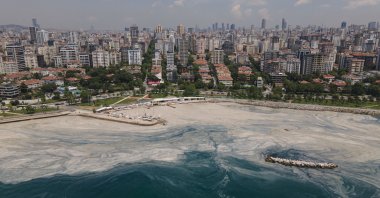 A huge mass of marine mucilage, a thick, slimy substance made up of compounds released by marine organisms, coagulates in the Marmara Sea off the Caddebostan shore, on the  Asian side of Istanbul, Turkey, June 7, 2021. (AP Photo)
