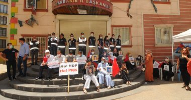 Maide T. (first person from the left on the front row) joins the demonstration of Diyarbakır parents in front of the pro-PKK HDP headquarters in Diyarbakır, Turkey. (AA Photo)