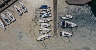 An aerial view of boats docked in a marina covered by sea snot, in Istanbul, Turkey, June 13, 2021. (REUTERS PHOTO)