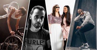 A combination of photos show Kenta Kambara (L), Johnatha Bastos (C-L), the Shalva Band members (C-R) and Chris Fonseca. (True Colors Festival via Reuters)