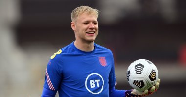 England's Aaron Ramsdale reacts during the warm up before the international friendly between England and Austria at the Riverside Stadium, Middlesbrough, U.K. June 2, 2021 (Reuters Photo)