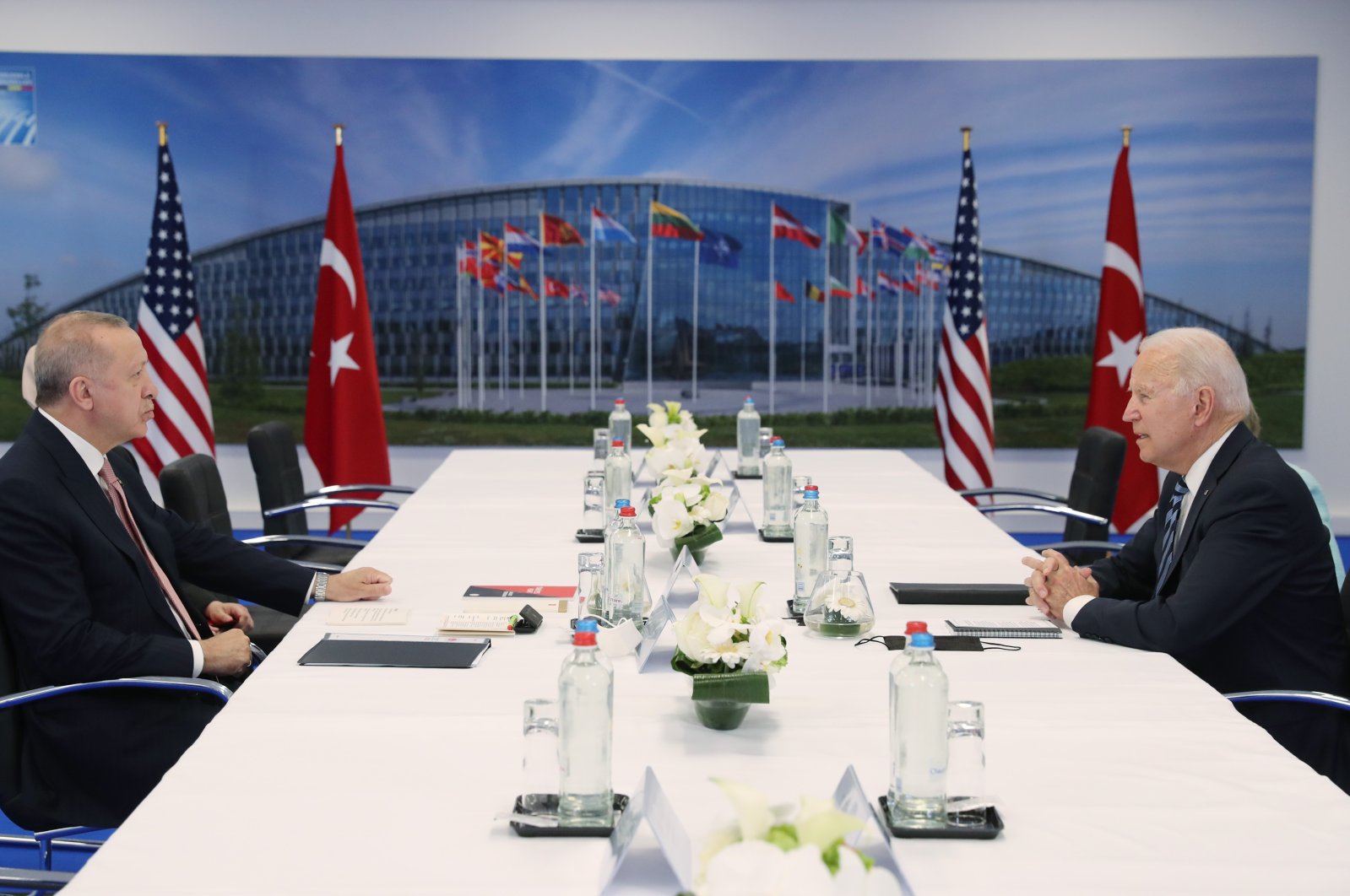 The book on Turkey's counterterrorism efforts is seen on the table as President Recep Tayyip Erdoğan holds a meeting with U.S. President Joe Biden on the sidelines of the NATO summit in Brussels, Belgium, June 14, 2021. (IHA Photo)