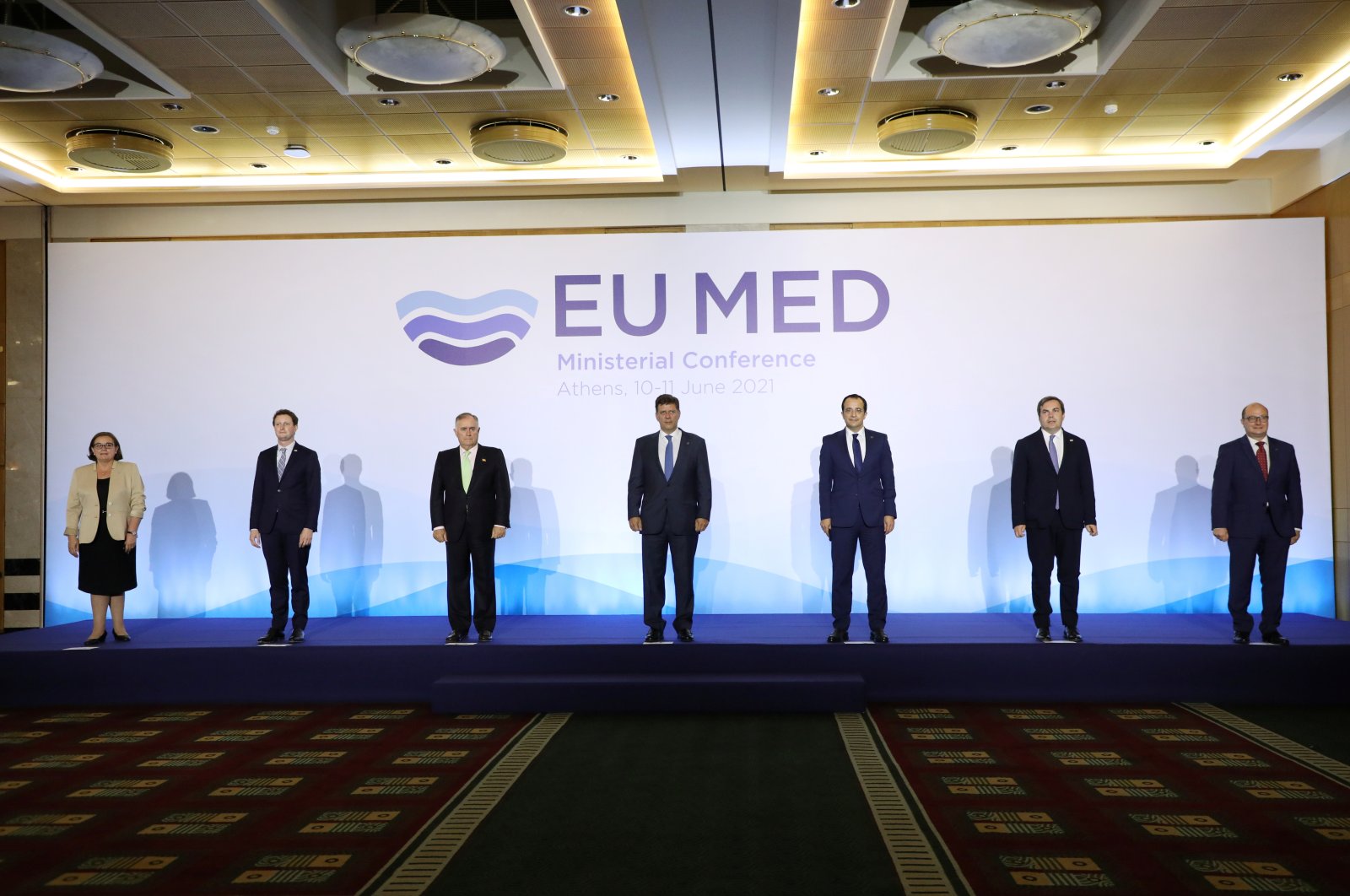 Officials pose for a family photo during an EU MED (MED-7) Ministerial Conference meeting, in Athens, Greece, June 11, 2021. (REUTERS Photo)