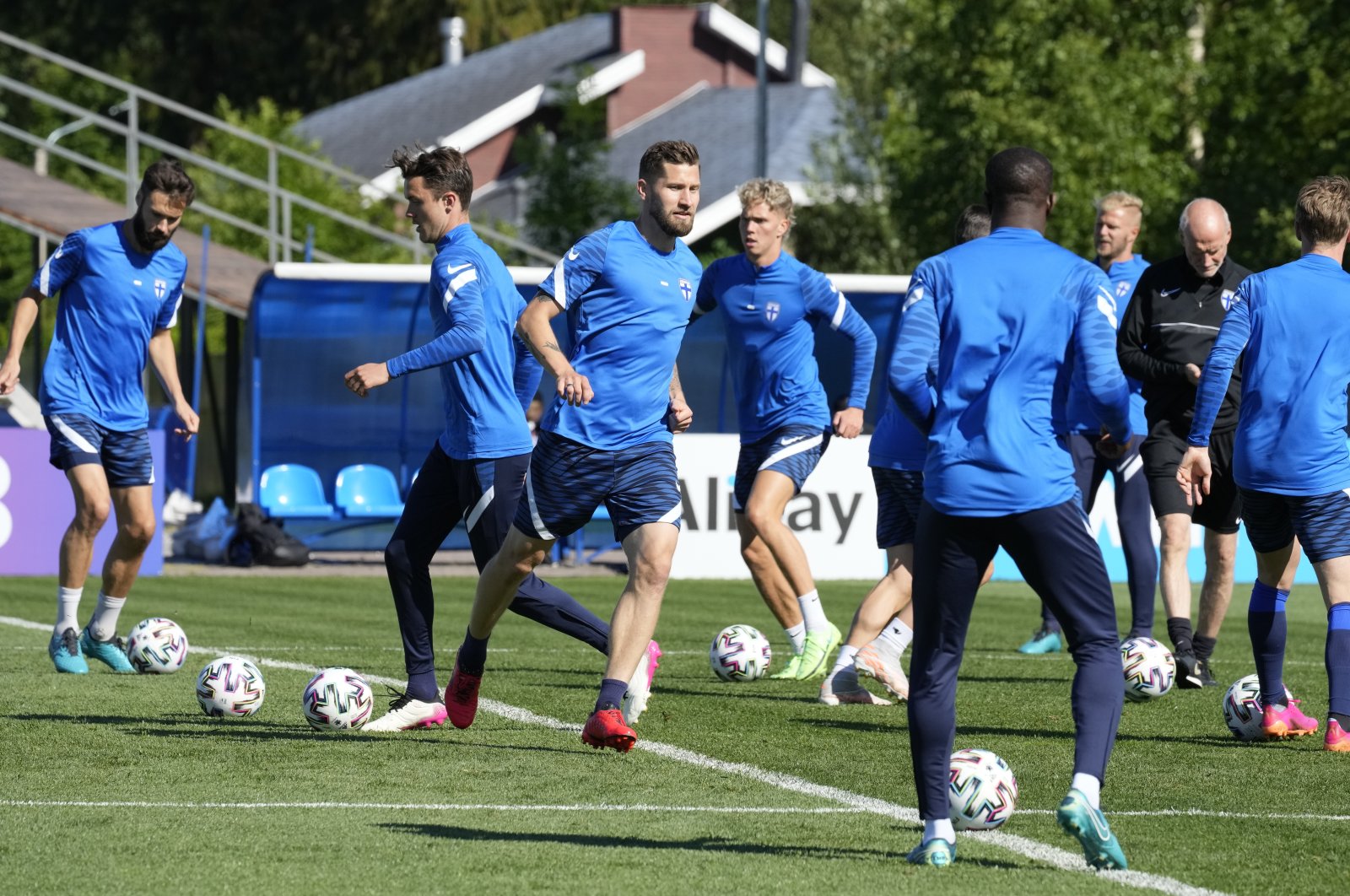 Finland players attend a training session on the eve of the Euro 2020 Group B match against Russia in Zelenogorsk outside St. Petersburg, Russia, June 15, 2021. (AP Photo)