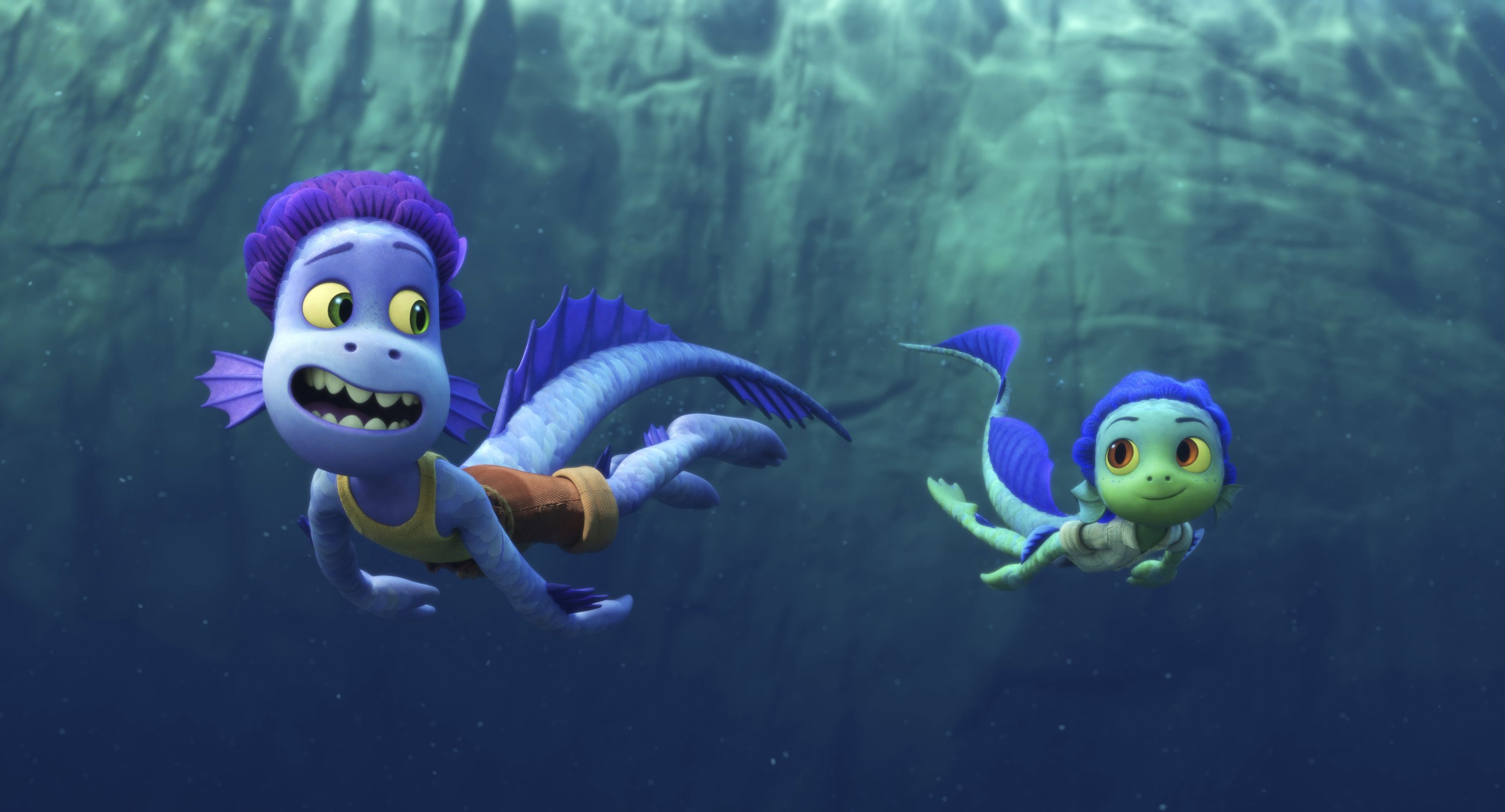 Alberto (L), voiced by Jack Dylan Grazer, and Luca, voiced by Jacob Tremblay, swim together in a scene from the animated film "Luca." (Photo by Disney via AP)