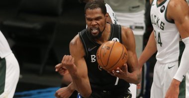 Brooklyn Nets power forward Kevin Durant reacts during Game 5 of the second-round NBA Playoffs against the Milwaukee Bucks at Barclays Center, Brooklyn, New York, U.S., June 16, 2021.