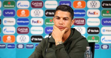 Portugal's forward Cristiano Ronaldo during a press conference at the Puskas Arena in Budapest, on the eve of the UEFA Euro 2020 football match between Hungary and Portugal, June 14, 2021. (UEFA via AFP)
