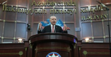  President Recep Tayyip Erdoğan addresses Azerbaijan's National Assembly in the capital Baku, Azerbaijan, June 16, 2021. (AA Photo)