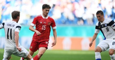 Russia's Aleksei Miranchuk (C) in action during a Euro 2020 match against Finland, in St. Petersburg, Russia, June 16, 2021. (EPA Photo)