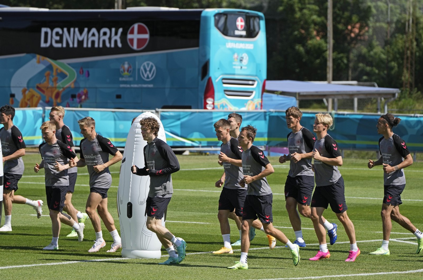 Danish players attend a training session in Helsingor, Denmark, Tuesday, June 15, 2021. (AP Photo)