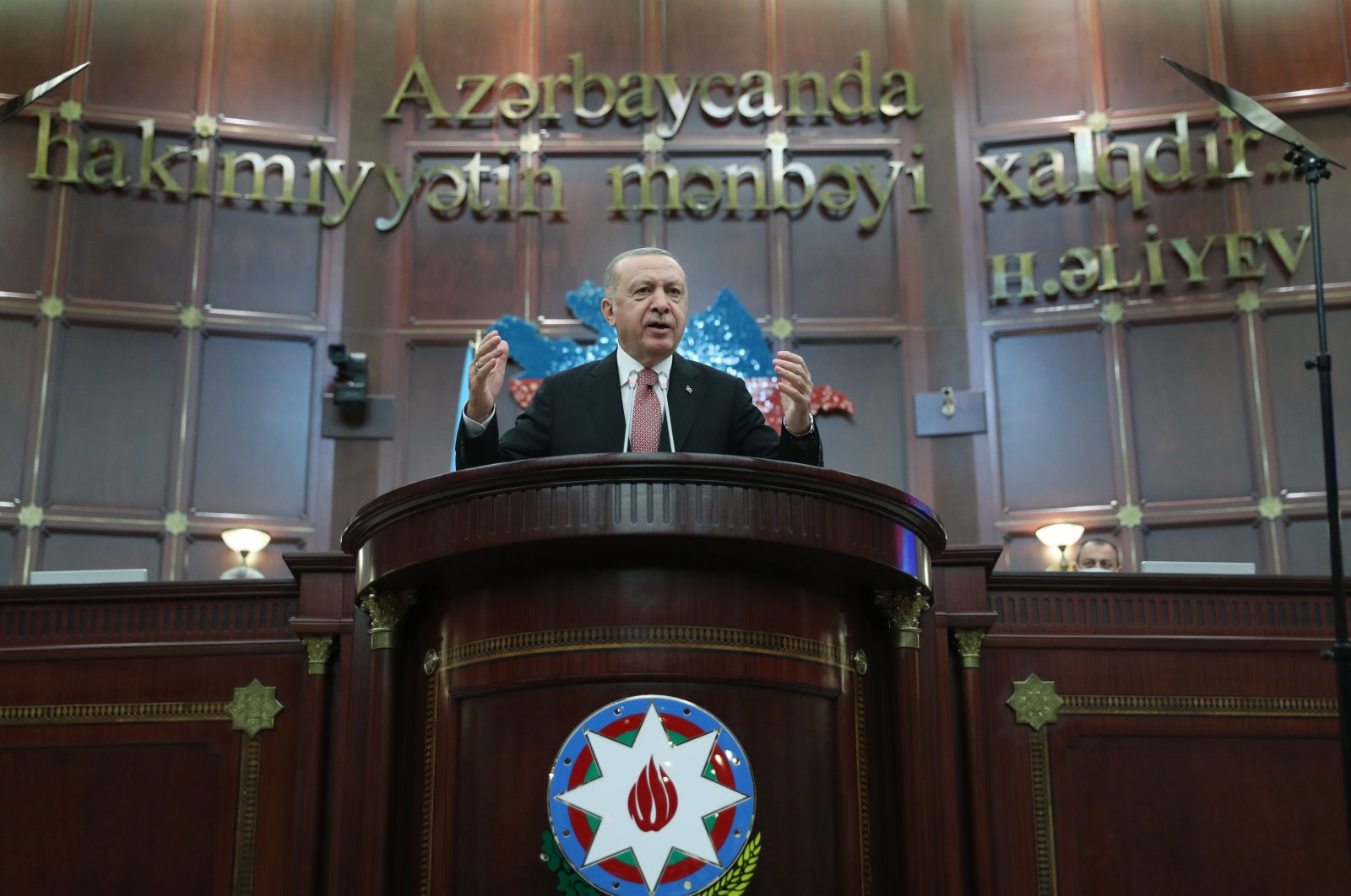  President Recep Tayyip Erdoğan addresses Azerbaijan's National Assembly in the capital Baku, Azerbaijan, June 16, 2021. (AA Photo)