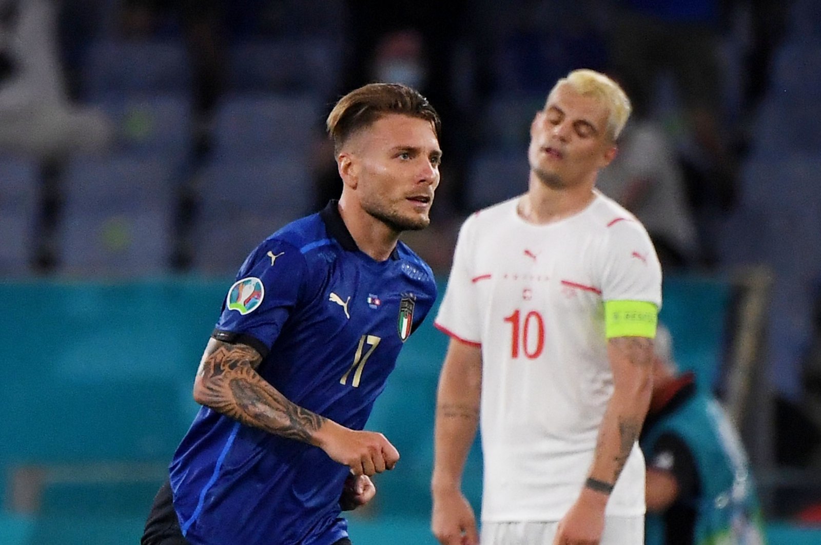 Italy's Ciro Immobile celebrates scoring their third goal in the Euro2020 Group A football match between Italy and Switzerland, Stadio Olimpico, Rome, Italy, June 16, 2021. (Reuters Photo)