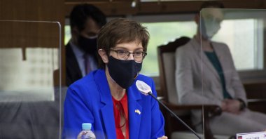 German Defense Minister Annegret Kramp-Karrenbauer talks with South Korean Defense Minister Suh Wook during their meeting at the Defense Ministry in Seoul, South Korea, May 26, 2021. (AP Photo)