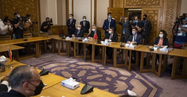 Turkish Deputy Foreign Minister Sedat Önal (3rd R), meets with Hamdi Sanad Loza, Egyptian deputy foreign minister, and their delegations, at the Foreign Ministry in Cairo, Egypt, May 5, 2021. (AP File Photo)