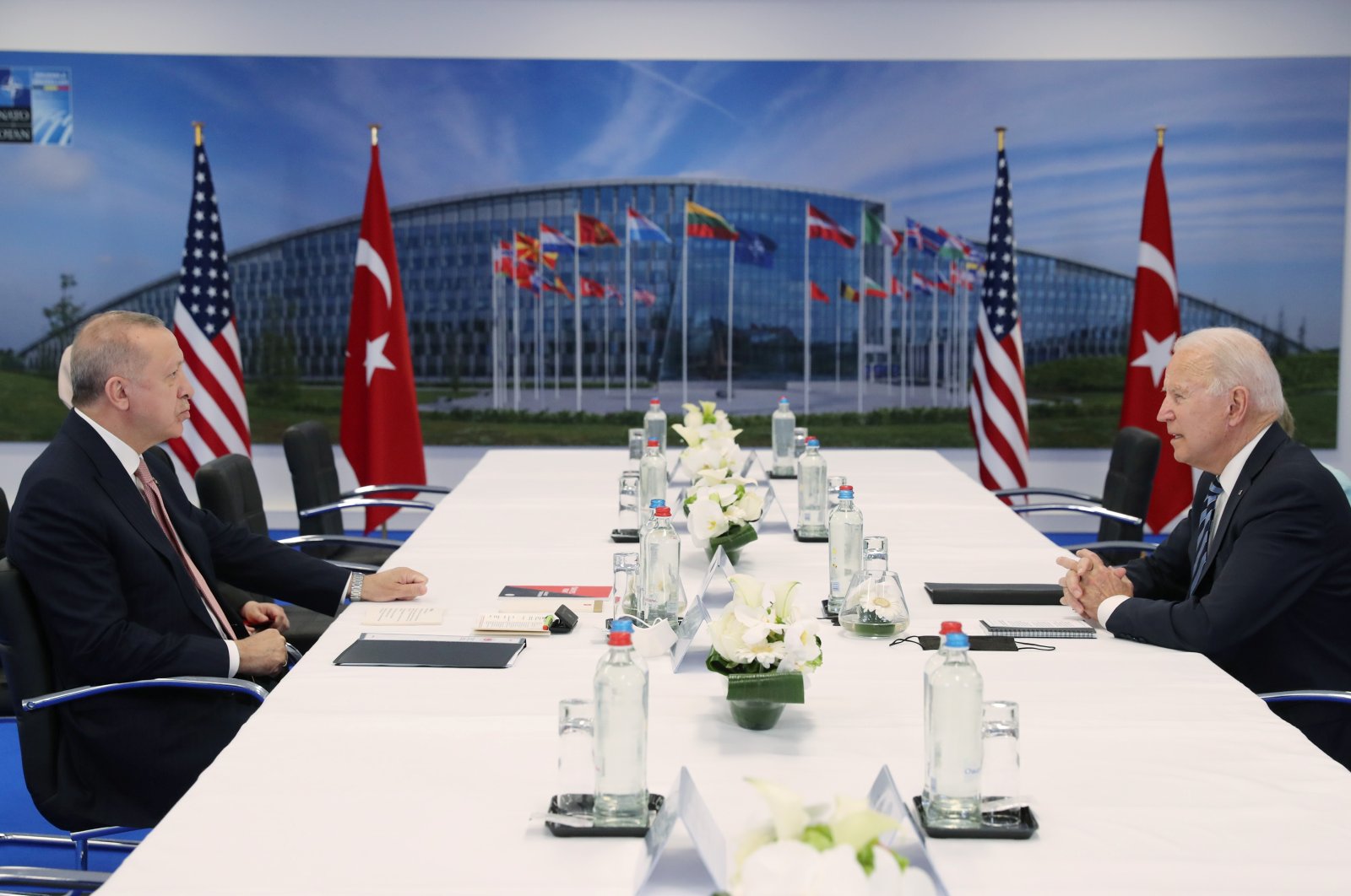 President Tayyip Erdoğan (L) and U.S. President Joe Biden attend a bilateral meeting on the sidelines of the NATO summit in Brussels, Belgium June 14, 2021. (REUTERS Photo)