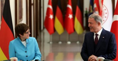 National Defense Minister Hulusi Akar and his German counterpart Annegret Kramp-Karrenbauer speak at a press conference in Ankara, Turkey, June 17, 2021. (AA Photo)
