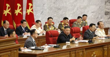 North Korean Supreme Leader Kim Jong-un (front 2-L) attending the third day sitting of the 3rd Plenary Meeting of the 8th Central Committee of the Workers' Party of Korea (WPK) in Pyongyang, North Korea, 17 June 2021. (North Korean Central News Agency photo via EPA)