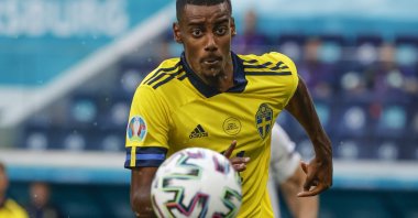 Sweden's Alexander Isak keeps his eyes on the ball during the Euro 2020 football championship group E match between Sweden and Slovakia, at Saint Petersburg Stadium, in Saint Petersburg, Russia, June 18, 2021. (AP Photo)