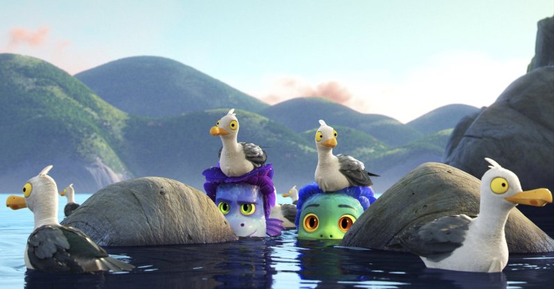 Alberto (C-L), voiced by Jack Dylan Grazer, and Luca (C-R), voiced by Jacob Tremblay, come out of the water as they are surrounded by seagulls in a scene from the animated film "Luca." (Photo by Disney via AP)