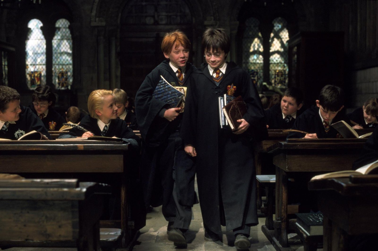 A still shot from "Harry Potter and the Philosopher's Stone" shows Rupert Grint as Ron Weasley (L) and Daniel Radcliffe as Harry Potter. 