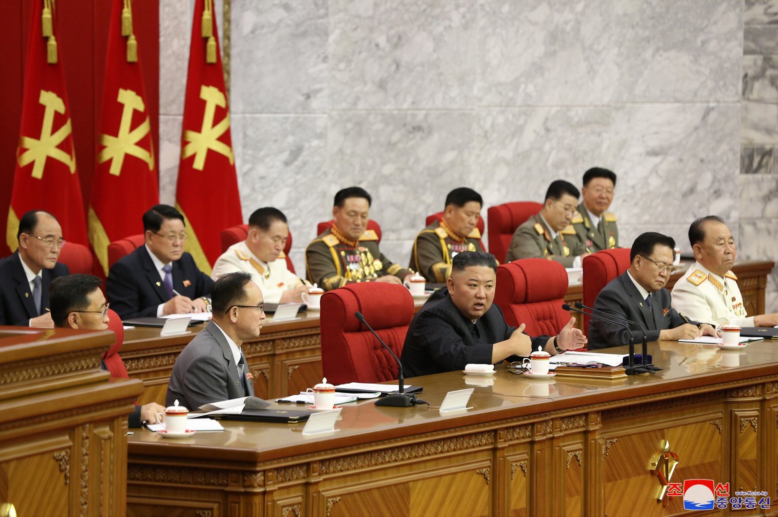 North Korean Supreme Leader Kim Jong-un (front 2-L) attending the third day sitting of the 3rd Plenary Meeting of the 8th Central Committee of the Workers' Party of Korea (WPK) in Pyongyang, North Korea, 17 June 2021. (North Korean Central News Agency photo via EPA)