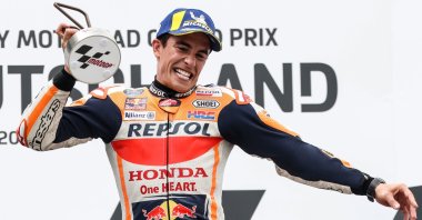 Repsol Honda Team's Spanish MotoGP rider Marc Marquez celebrates winning the Motorcycling Grand Prix of Germany at the Sachsenring racing circuit, Hohenstein-Ernstthal, Germany, June 20, 2021. (EPA Photo)