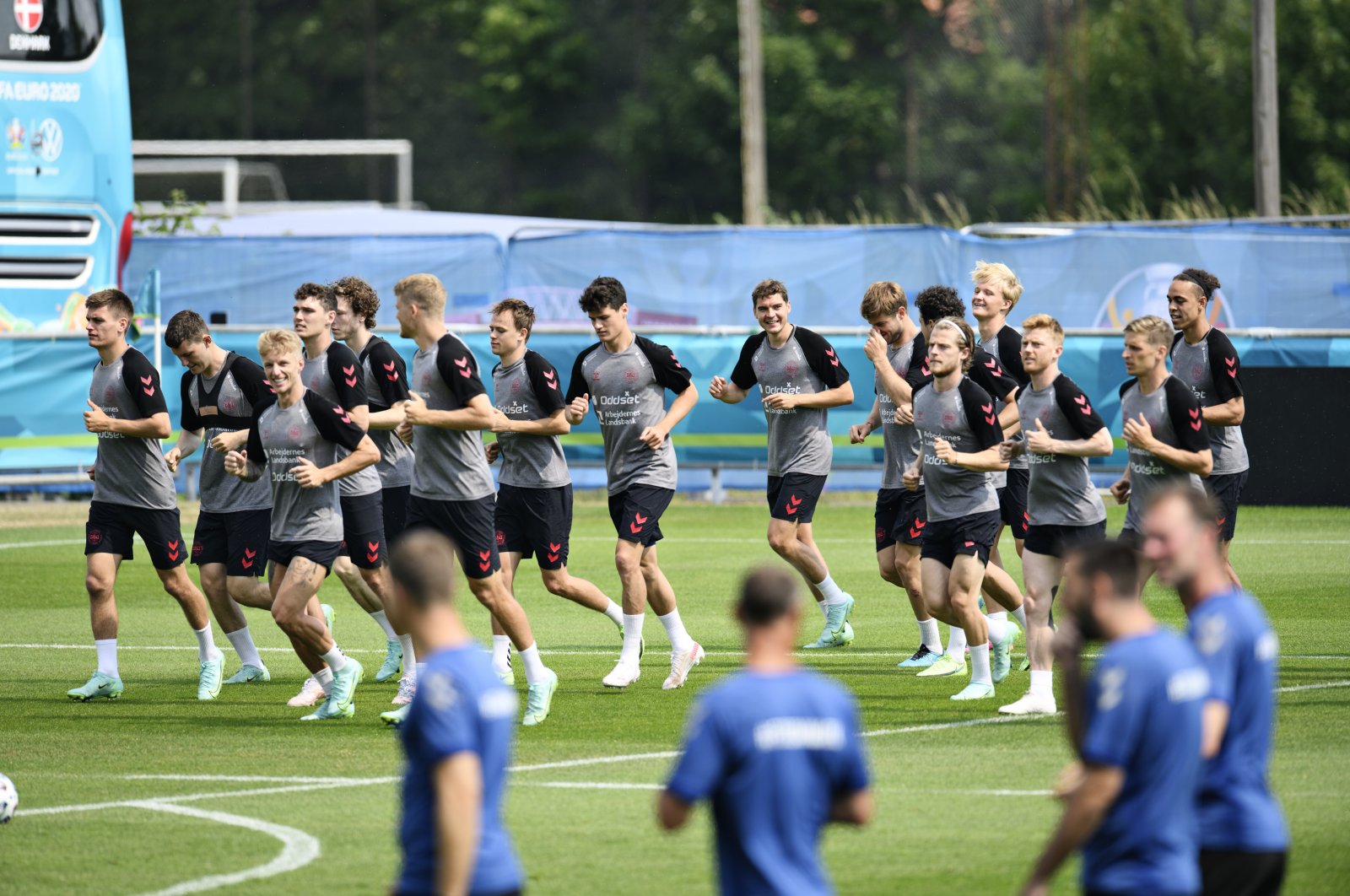 The Danish national football team players during a training session in Elsinore, Denmark, June 19, 2021. (EPA Photo)