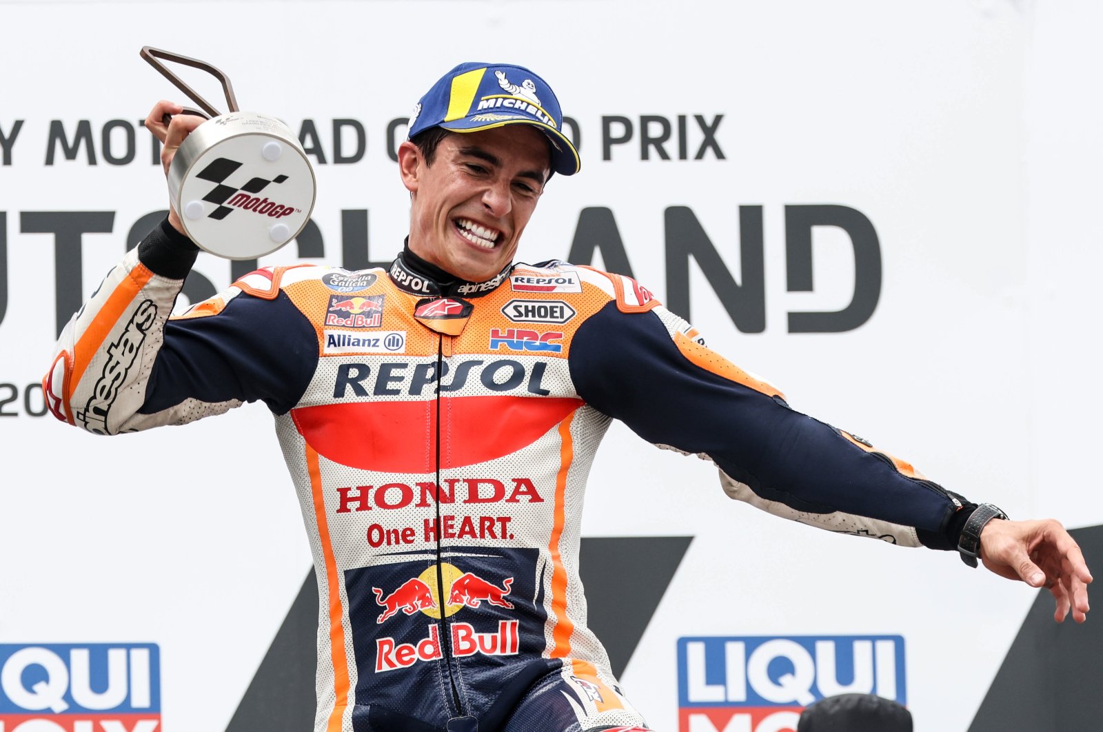 Repsol Honda Team's Spanish MotoGP rider Marc Marquez celebrates winning the Motorcycling Grand Prix of Germany at the Sachsenring racing circuit, Hohenstein-Ernstthal, Germany, June 20, 2021. (EPA Photo)