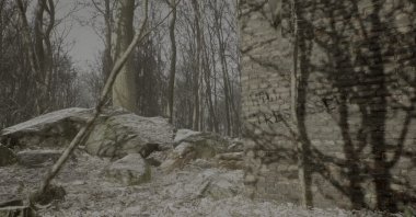 A screengrab from the upcoming indie title "Abandoned" featuring a tree which apparently blocks out letters P and T on a graffiti reading “Kill the Trespasser.” (Credit: Blue Box Studios)