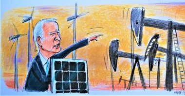 An illustration by Erhan Yalvaç shows U.S. President Joe Biden speaking on the U.S.' new energy policy road map.