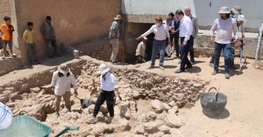 Archaeological teams and a delegation from the Karaköprü Mayor's Office inspect the site of Sarayburç Ruins where archaeological excavations have begun, Şanlıurfa, Turkey, June 21, 2021. (AA Photo)