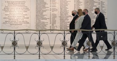 Leader of the Law and Justice (PiS) ruling party Jaroslaw Kaczynski (L) arrives to the Sejm (lower house) headquarters for the extraordinary closed-door session to debate recent cyberattacks against Polish politicians, in Warsaw, Poland, June 16, 2021. (EPA Photo)