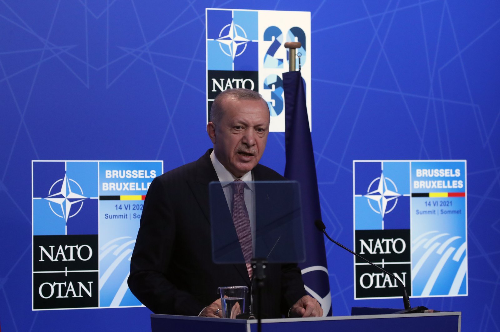 President Recep Tayyip Erdoğan holds a news conference during the NATO summit at the alliance's headquarters in Brussels, Belgium, June 14, 2021. (EPA Photo)
