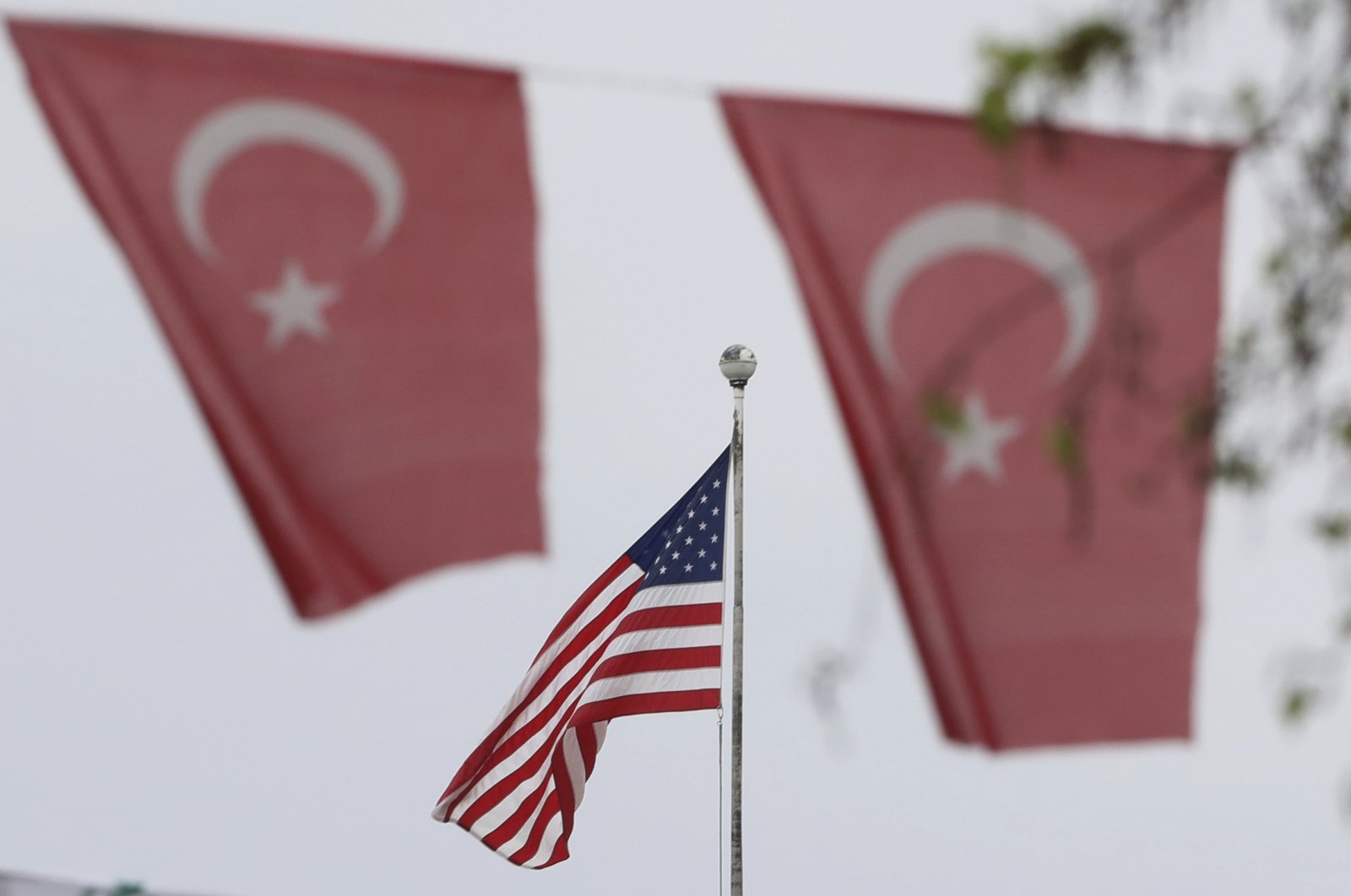 Turkish flags decorate a street outside the U.S. Embassy in Ankara, Turkey, April 25, 2021. (AP Photo)