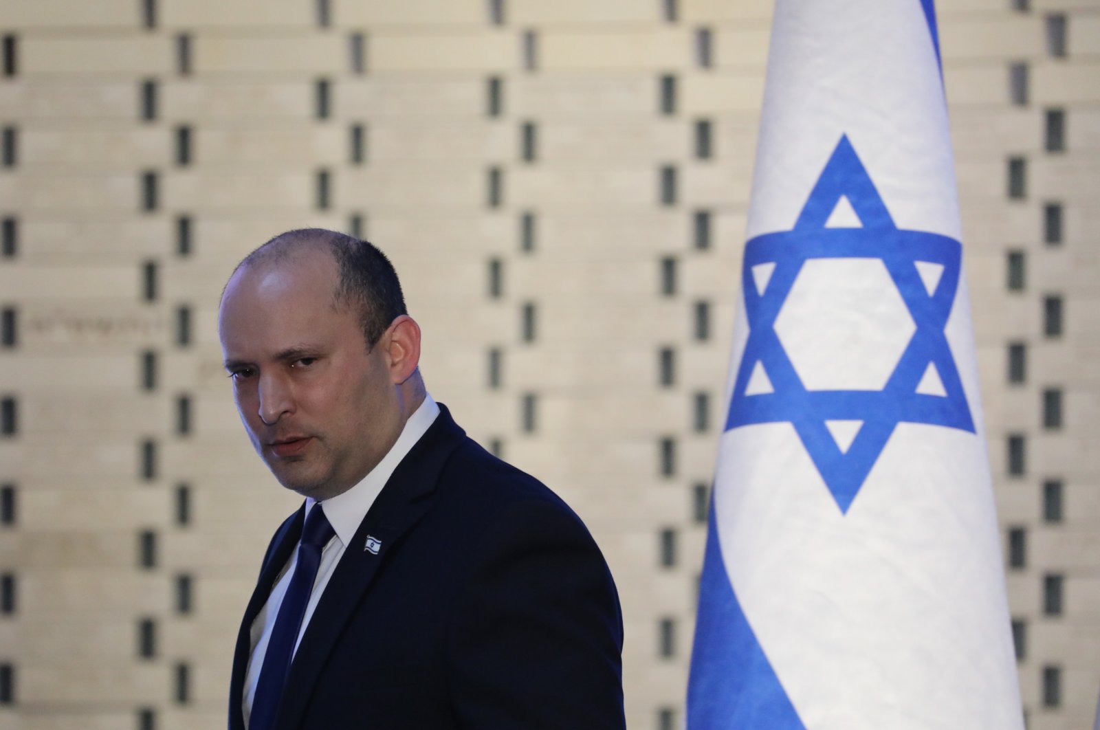 Israeli Prime Minister Naftali Bennett speaks during a memorial ceremony for Israeli soldiers who fell in battle during the 2014 Gaza War, at the Hall of Remembrance of Mount Herzl Military Cemetery in western Jerusalem, Israel, June 20, 2021. (EPA Photo)