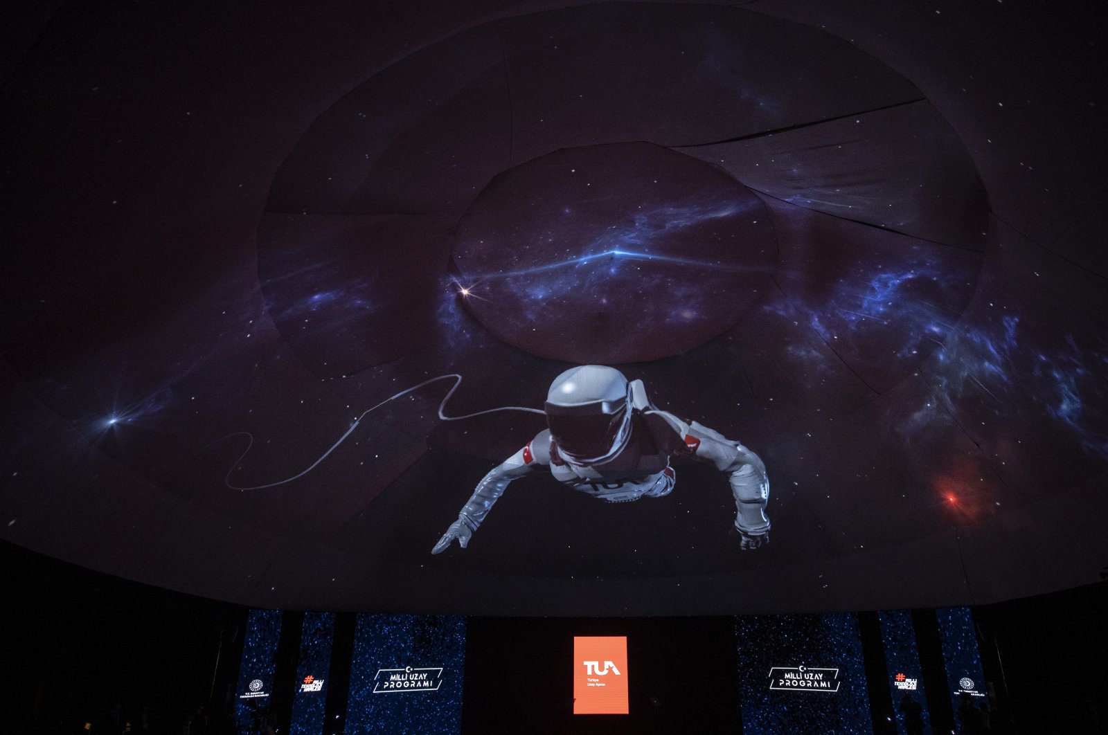 An astronaut is seen in this illustration photo displayed during the inauguration ceremony of Turkey's National Space Program, Ankara, Turkey, Feb. 9, 2021. (AA Photo)