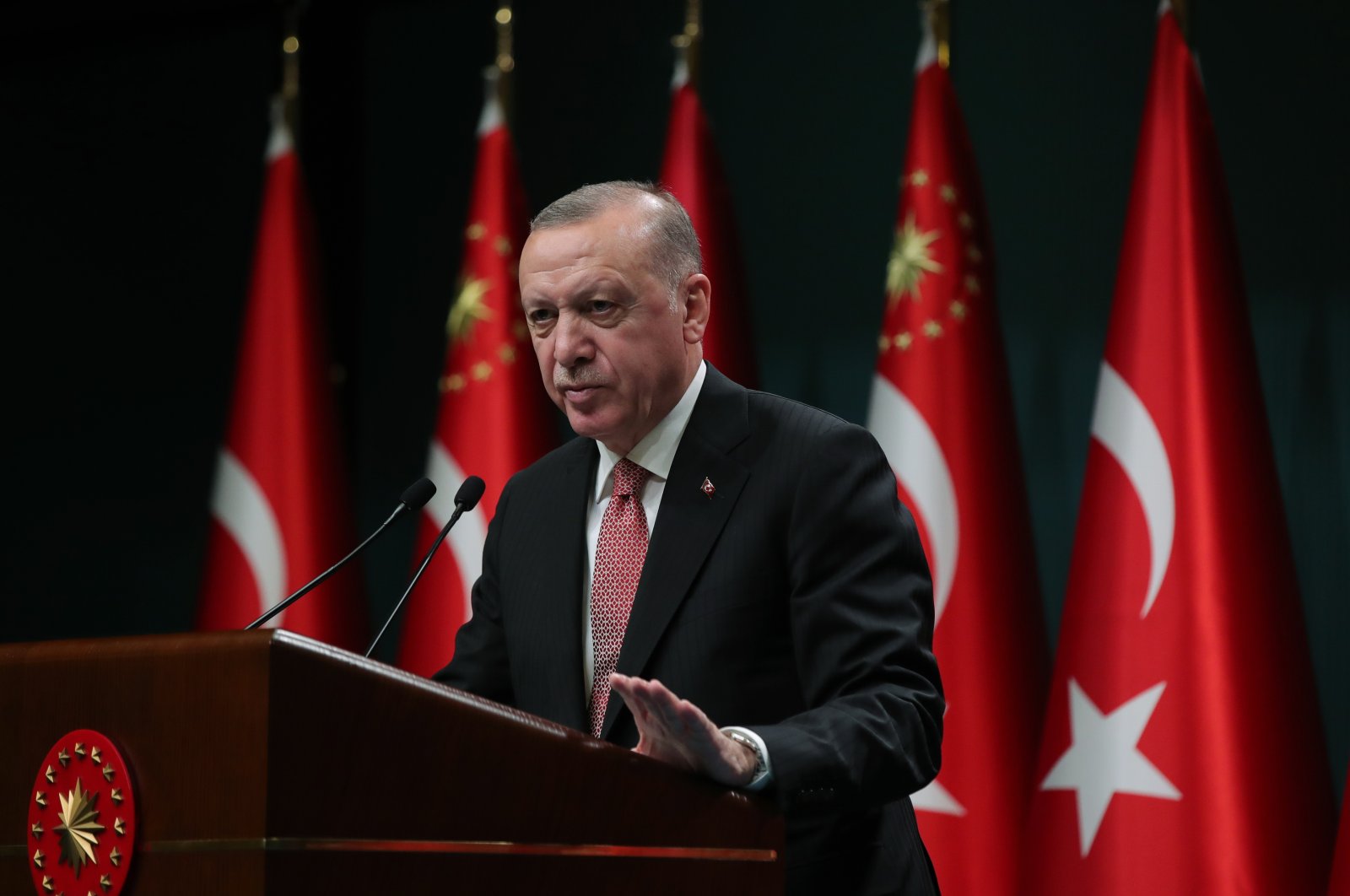 President Recep Tayyip Erdoğan delivers a speech after the Cabinet meeting in the capital Ankara, Turkey, June 21, 2021. (AA Photo)