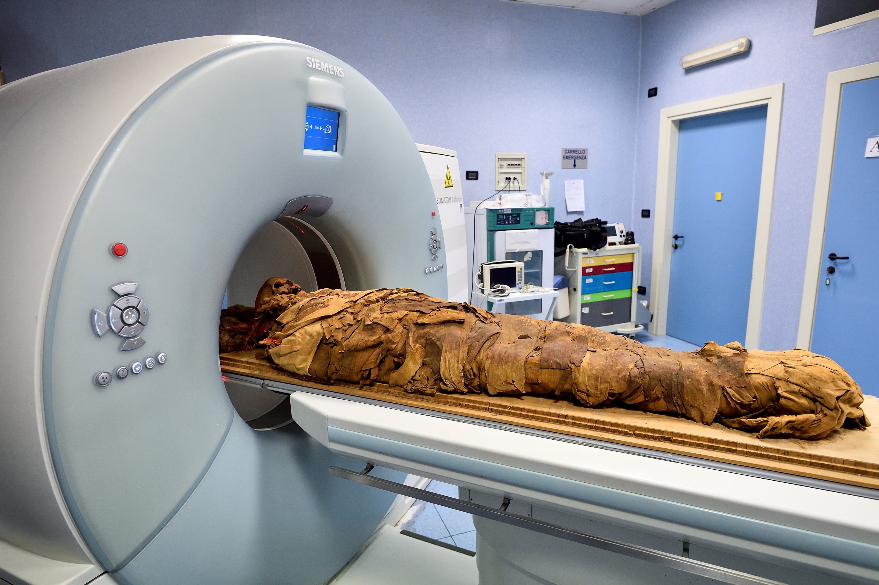 An Egyptian mummy undergoes a CT scan in order for researchers to investigate its history, at the Policlinico hospital in Milan, Italy, June 21, 2021. (Reuters Photo)