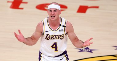 Alex Caruso of the Los Angeles Lakers reacts after being called for a foul during Game 4 of the Western Conference first-round playoff against the Phoenix Suns at Staples Center, Los Angeles, California, U.S., May 30, 2021. (AFP Photo)