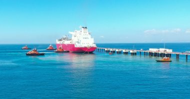 Turkey’s first floating storage and regasification unit (FSRU) Ertuğrul Gazi arrives at the port in Dörtyol in Turkey’s southern province of Hatay, Turkey, April 22, 2021. (AA Photo)