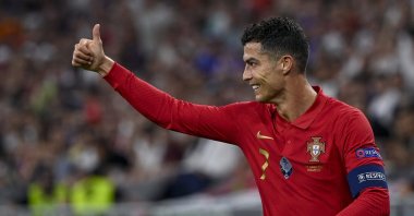 Cristiano Ronaldo of Portugal celebrates after scoring a goal during the Portugal-France match in the third round of Group F of the Euro 2020 soccer tournament in Puskas Ferenc Arena in Budapest, Hungary, June 23, 2021. (EPA Photo)
