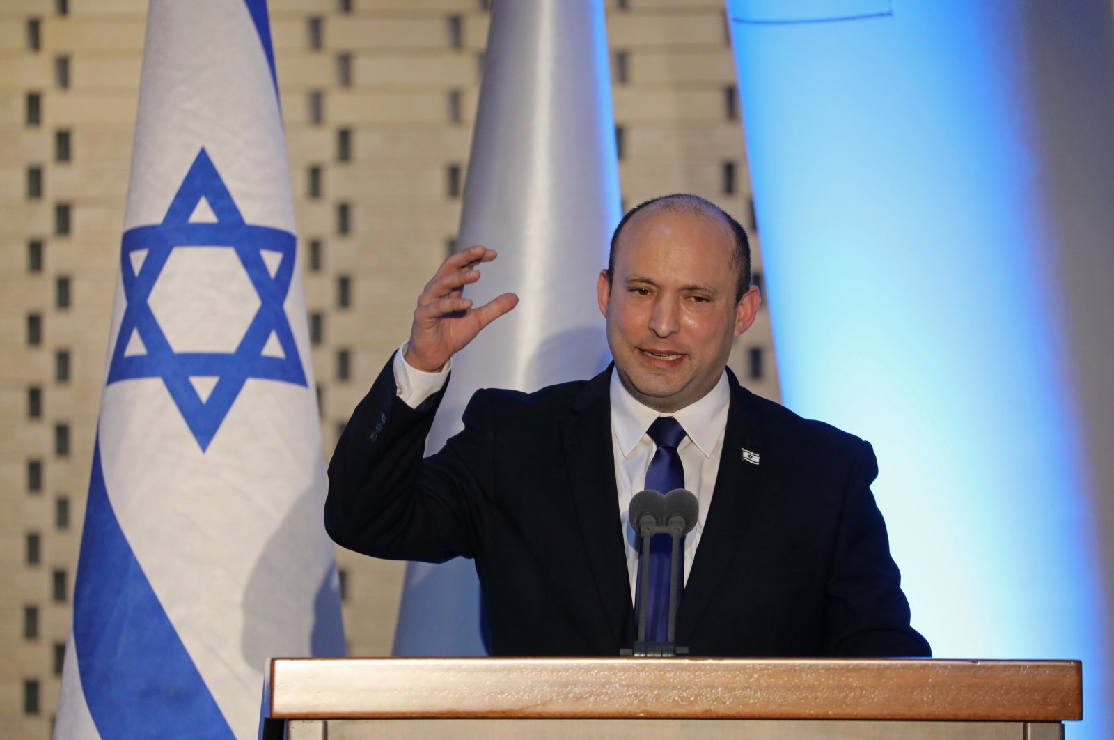Israeli Prime Minister Naftali Bennett speaks during a memorial ceremony in the Hall of Remembrance at Mount Herzl Military Cemetery in West Jerusalem, Israel, June 20, 2021. (AP Photo)